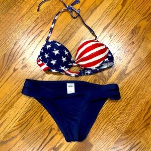 Blue Bikini Bottom and USA Top. Worn